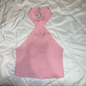 Pink Halter Cross Neck Top